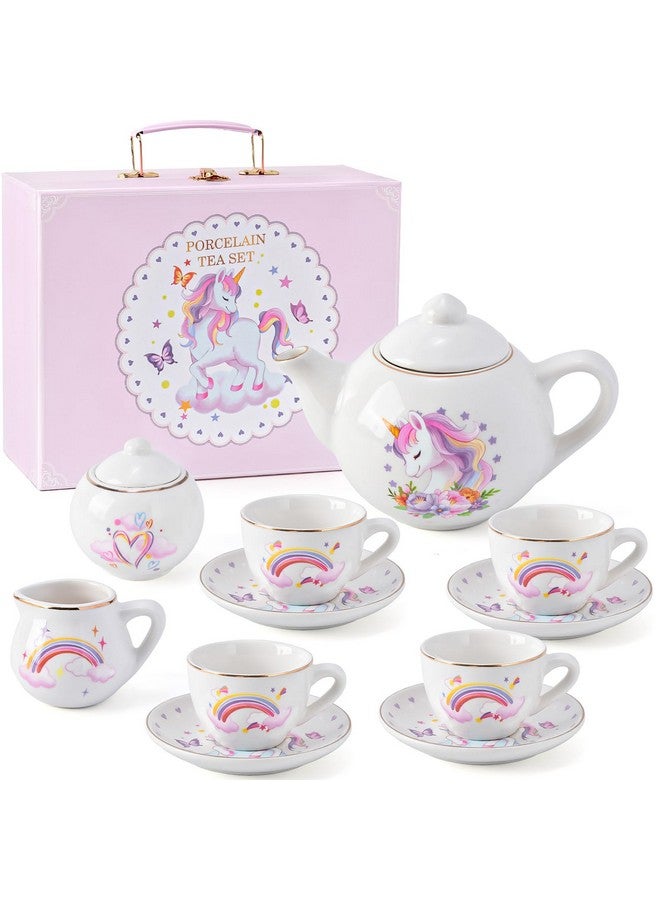 Porcelain Tea Set For Girls Toys Unicorn Gift 13Pcs Tea Party Set With Teapot & Cup & Saucer & Suitcase Kid Kitchen Pretend Playset Birthday Unicorn Toys For Girls 3 4 5 68