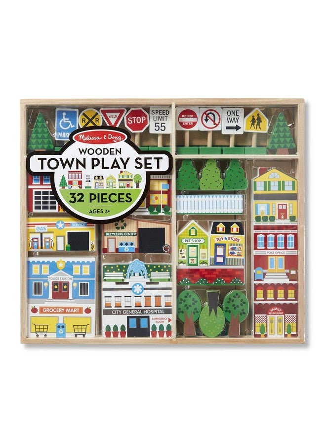 (Ffp) Pretend Play Wooden Town Play Set For Kids With Storage
