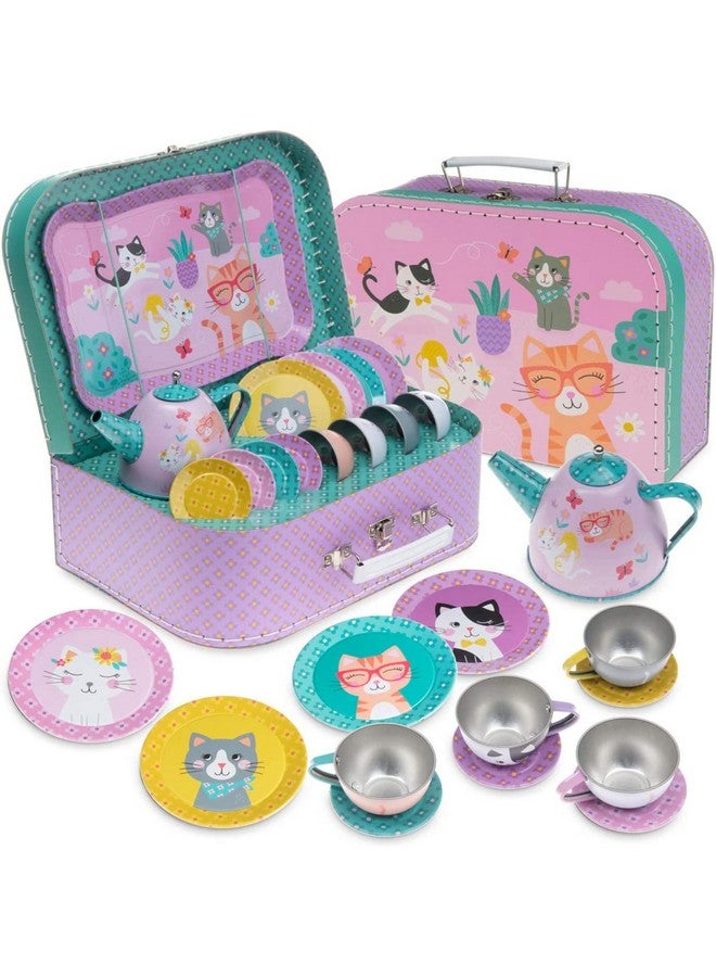 Toddler Toys Tea Set For Little Girls 15 Pcs Tin Tea Set For Kids Tea Time Includes Teapot 4 Tea Cup And Saucers Set & 4 Snack Plates Cat Tea Party Set With Carrying Case