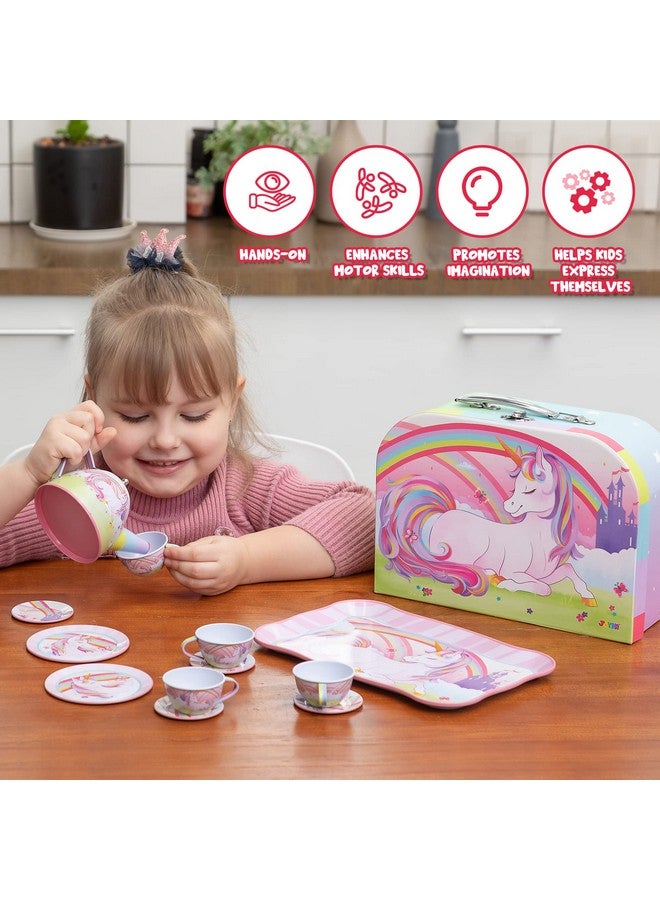 Unicorn Castle Tea Set For Toddlers Pretend Tin Teapot Set For Girls Princess Tea Party Set Kitchen Toy With Teapot Cups Plates And Carrying Case For Birthday Gifts Kids Toddlers Age 3 4 5 6