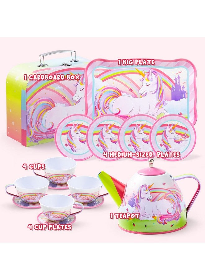 Unicorn Castle Tea Set For Toddlers Pretend Tin Teapot Set For Girls Princess Tea Party Set Kitchen Toy With Teapot Cups Plates And Carrying Case For Birthday Gifts Kids Toddlers Age 3 4 5 6