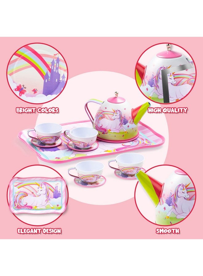 Unicorn Castle Tea Set For Toddlers Pretend Tin Teapot Set For Girls Princess Tea Party Set Kitchen Toy With Teapot Cups Plates And Carrying Case For Birthday Gifts Kids Toddlers Age 3 4 5 6