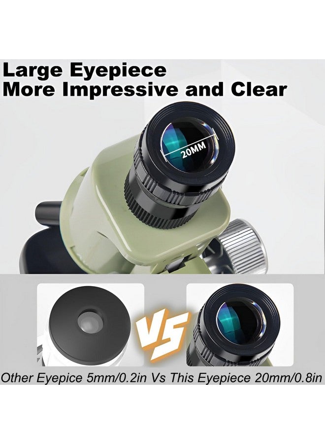 Large Eyepiece Microscope For Kids Best Gift Kid Microscope Kit For Boy And Girl 400X 1000X 1200X Educational Toy With 0.8Inch Wide Angle Eyepiece Easier To Focus Observe (Green)