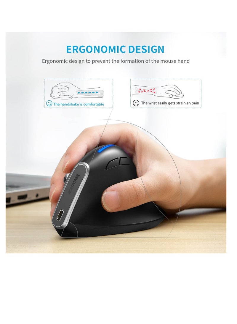 Ergonomic Mouse, Wireless Vertical Rechargeable Optical Mice, 6 Button Mouse with USB Receiver, Silent Adjustable DPI 1000/1600/2400, Compatible Windows and MAC OS