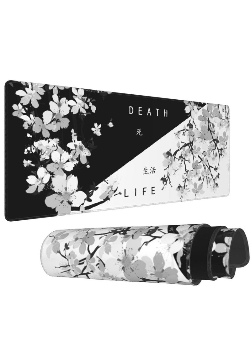 Gaming Mouse Pad Black and White Cherry Blossom, Stitched Edges Mousepad, Art Gaming Mouse Pad, Extended Large Mouse Mat Desk Pad, Long Non-Slip Rubber Base Mice Pad