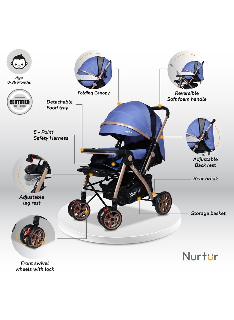 Nurtur Wilder Baby/Kids Travel Stroller 0 3 years, Storage Basket, Detachable Food Tray, 5 Point Safety Harness, Adjustable Backrest, Reversible Handle,