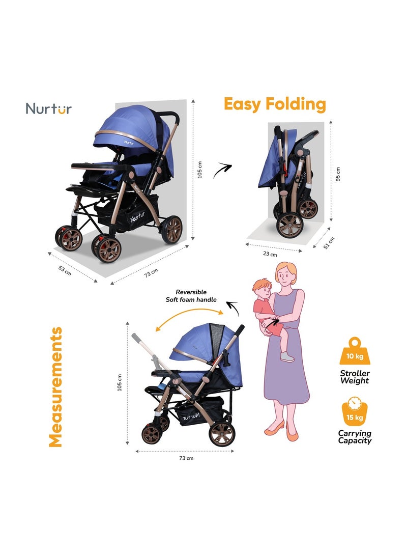 Nurtur Wilder Baby/Kids Travel Stroller 0 3 years, Storage Basket, Detachable Food Tray, 5 Point Safety Harness, Adjustable Backrest, Reversible Handle,