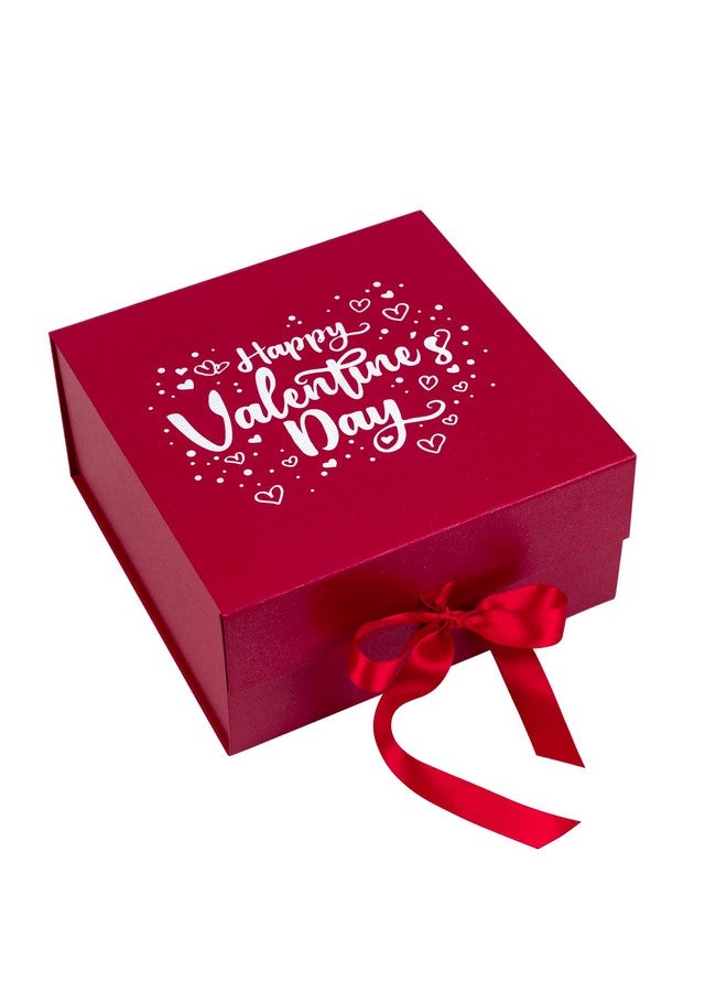 1 Pcs 8X8X4 Inches Red Happy Valentine'S Day Gift Box With Satin Ribbon Collapsible Gift Box With Magnetic Closure And 2 Pcs White Tissue Paper Perfect For Valentine'S Day Gift Wrap