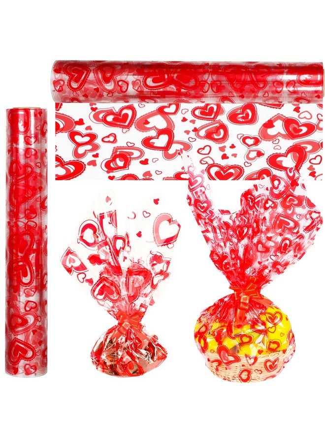 Cellophane Wrap Roll Hearts Design 100’ Ft. X 32” In. Valentine'S Day Cellophane Bags 2.3 Mil Thick Valentines Crystal Clear With Red Hearts For Flower Gift Basket Wrapping