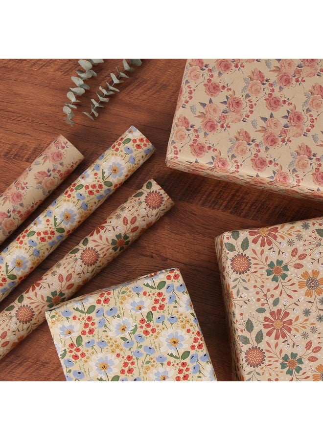 Watercolor Floral Kraft Wrapping Paper Roll All Occasion Vintage Flower Gift Wrap For Wedding Birthday Bridal Shower 17 Inch X 10 Ft