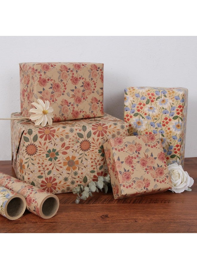 Watercolor Floral Kraft Wrapping Paper Roll All Occasion Vintage Flower Gift Wrap For Wedding Birthday Bridal Shower 17 Inch X 10 Ft