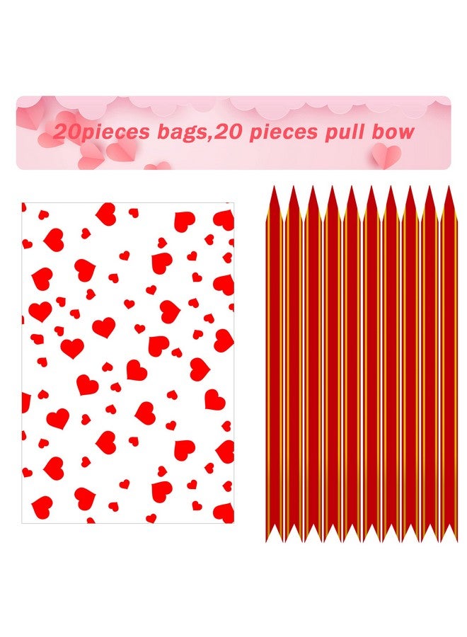 40Pcs Heart Cellophane Basket Bags Set 20Pcs Heart Cellophane Wrap Clear Basket Bags With 20Pcs Red Pull Bows For Valentine Weddings Bridal Or Baby Showers (12X18Inches)