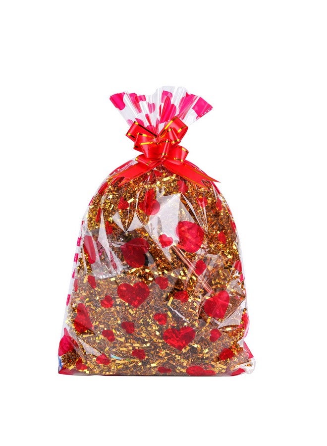 40Pcs Heart Cellophane Basket Bags Set 20Pcs Heart Cellophane Wrap Clear Basket Bags With 20Pcs Red Pull Bows For Valentine Weddings Bridal Or Baby Showers (12X18Inches)