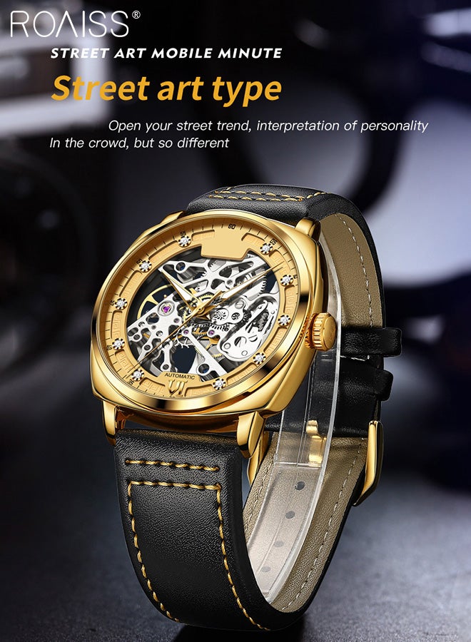 Men's Leather Strap Hollow Mechanical Watch, Analog Display Round Dial, Waterproof Luminous Wristwatch, Fashionable Luxurious Gift for Men