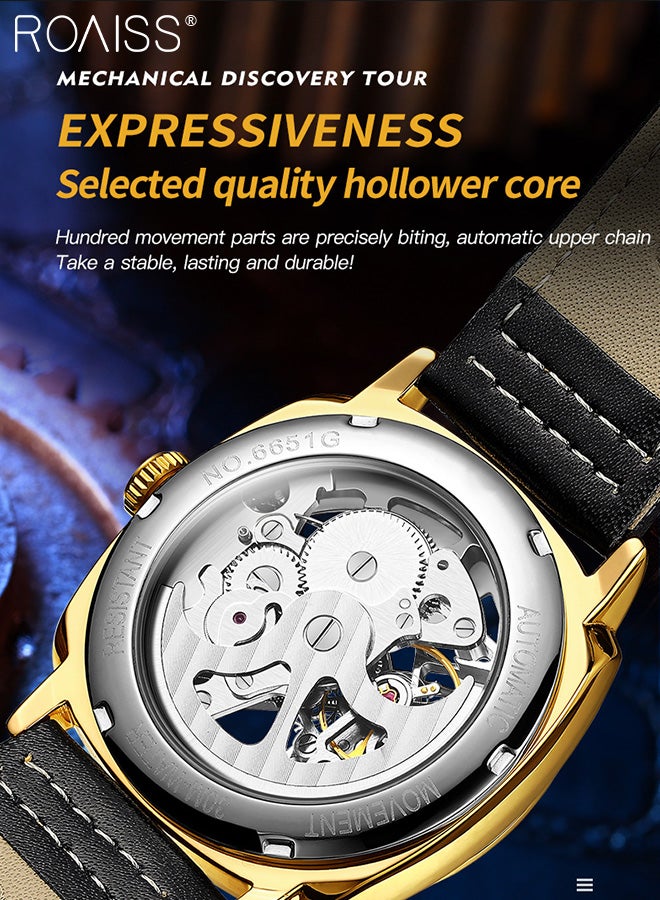 Men's Leather Strap Hollow Mechanical Watch, Analog Display Round Dial, Waterproof Luminous Wristwatch, Fashionable Luxurious Gift for Men