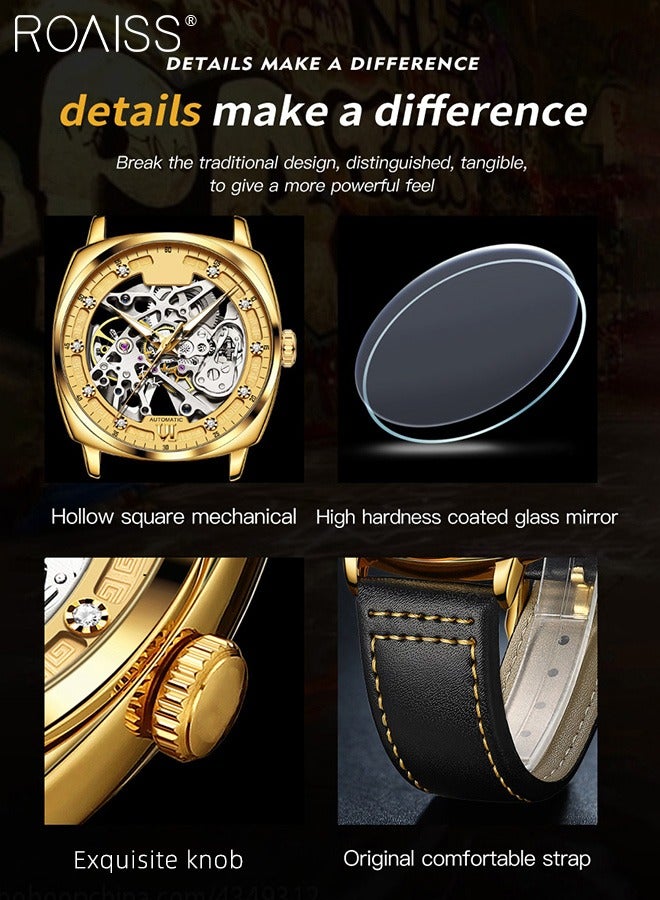 Men's Leather Strap Hollow Mechanical Watch, Analog Display Round Dial, Waterproof Luminous Wristwatch, Fashionable Luxurious Gift for Men