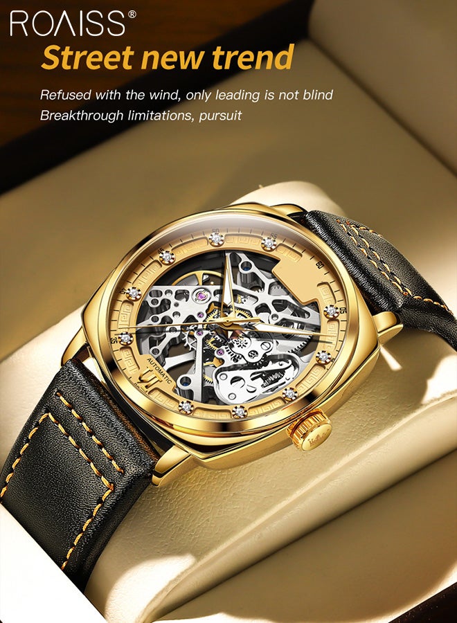 Men's Leather Strap Hollow Mechanical Watch, Analog Display Round Dial, Waterproof Luminous Wristwatch, Fashionable Luxurious Gift for Men