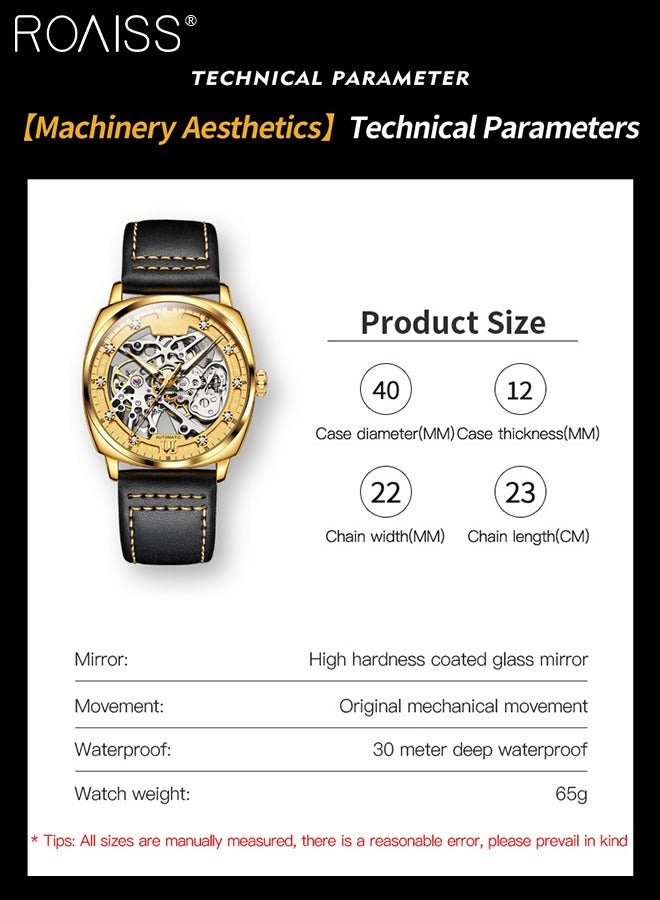 Men's Leather Strap Hollow Mechanical Watch, Analog Display Round Dial, Waterproof Luminous Wristwatch, Fashionable Luxurious Gift for Men