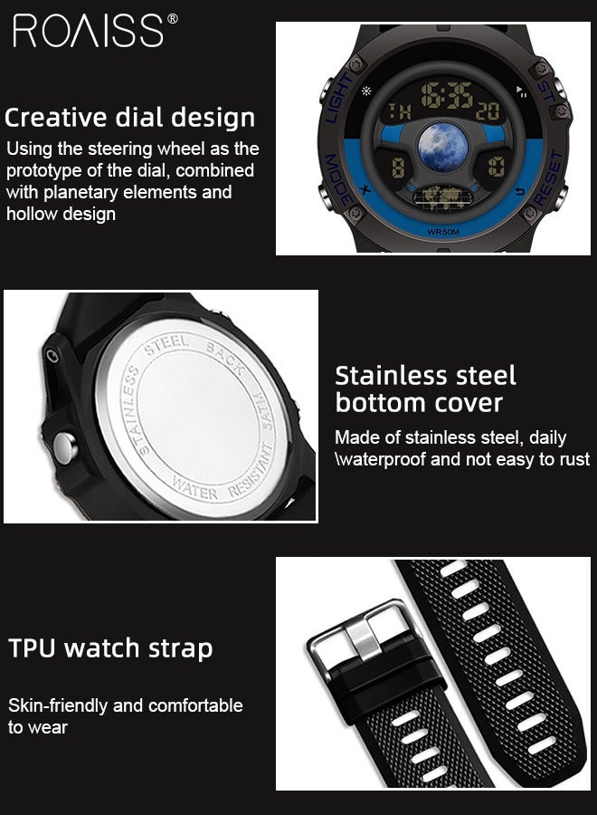 Men's Sports Electronic Watch, Unique Round Steering Wheel Dial, Luminous Waterproof Fashion Wristwatch with Alarm Clock Stopwatch 12H/24H for Outdoor Activities