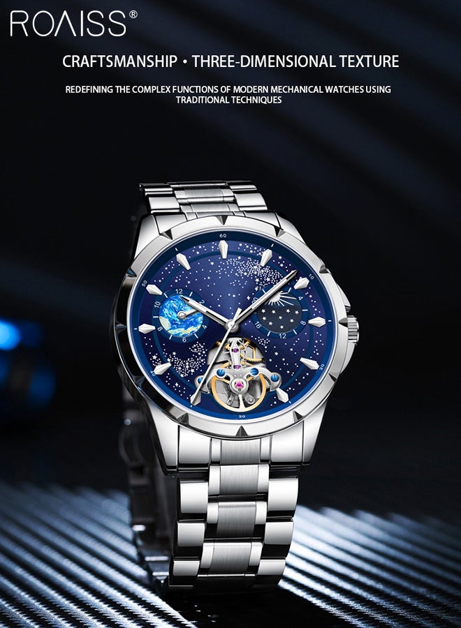 Men's Fully Automatic Mechanical Watch, Analog Display Blue Starry Sky Round Dial with Moon Phase, Waterproof Luminous Wristwatch as Gift for Men