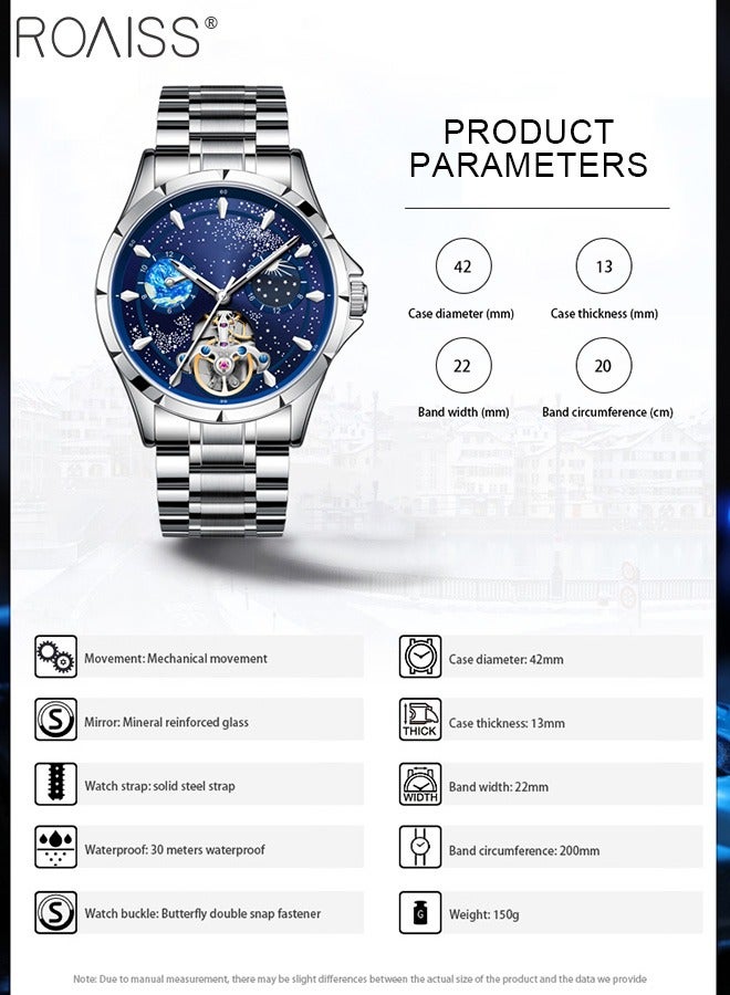 Men's Fully Automatic Mechanical Watch, Analog Display Blue Starry Sky Round Dial with Moon Phase, Waterproof Luminous Wristwatch as Gift for Men