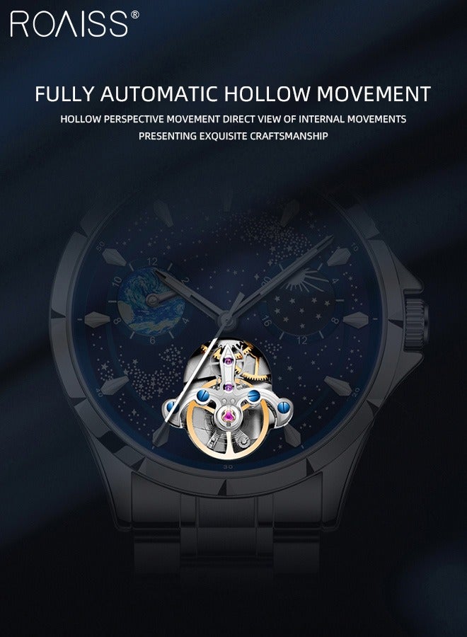 Men's Fully Automatic Mechanical Watch, Analog Display Blue Starry Sky Round Dial with Moon Phase, Waterproof Luminous Wristwatch as Gift for Men