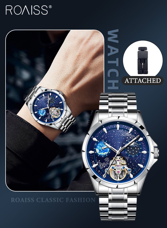 Men's Fully Automatic Mechanical Watch, Analog Display Blue Starry Sky Round Dial with Moon Phase, Waterproof Luminous Wristwatch as Gift for Men