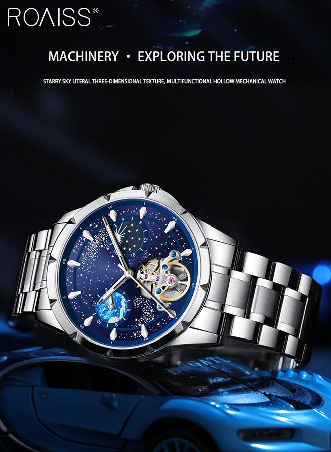 Men's Fully Automatic Mechanical Watch, Analog Display Blue Starry Sky Round Dial with Moon Phase, Waterproof Luminous Wristwatch as Gift for Men