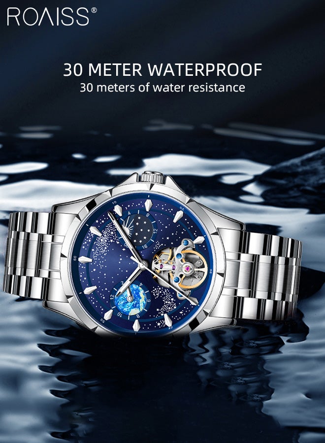 Men's Fully Automatic Mechanical Watch, Analog Display Blue Starry Sky Round Dial with Moon Phase, Waterproof Luminous Wristwatch as Gift for Men