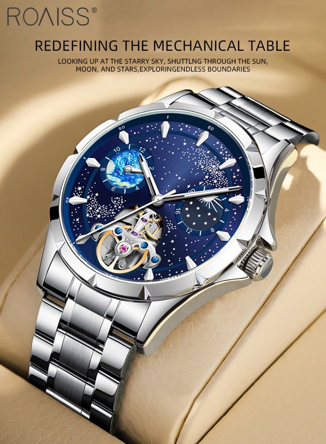 Men's Fully Automatic Mechanical Watch, Analog Display Blue Starry Sky Round Dial with Moon Phase, Waterproof Luminous Wristwatch as Gift for Men