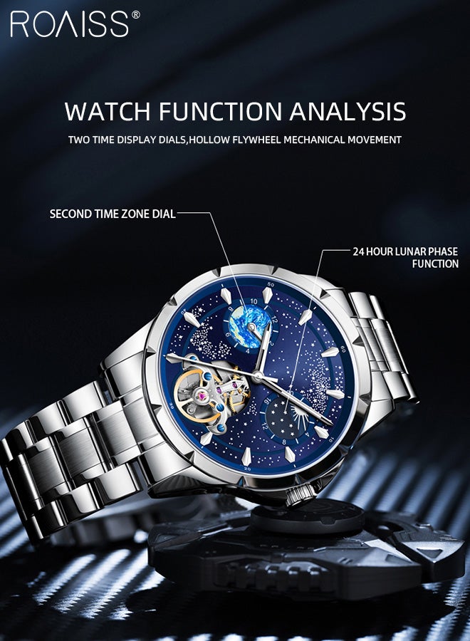 Men's Fully Automatic Mechanical Watch, Analog Display Blue Starry Sky Round Dial with Moon Phase, Waterproof Luminous Wristwatch as Gift for Men