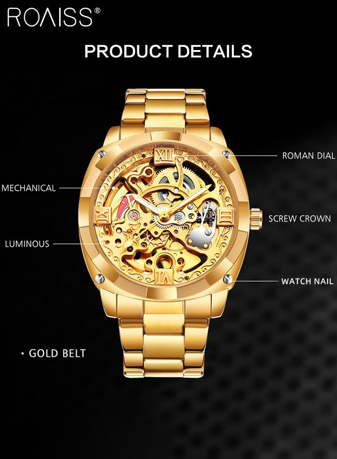 Men's Steel Band Automatic Mechanical Watch, Analog Display Hollow Round Dial, Luminous Waterproof Luxurious Wristwatch as Gift for Men