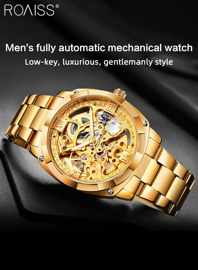 Men's Steel Band Automatic Mechanical Watch, Analog Display Hollow Round Dial, Luminous Waterproof Luxurious Wristwatch as Gift for Men