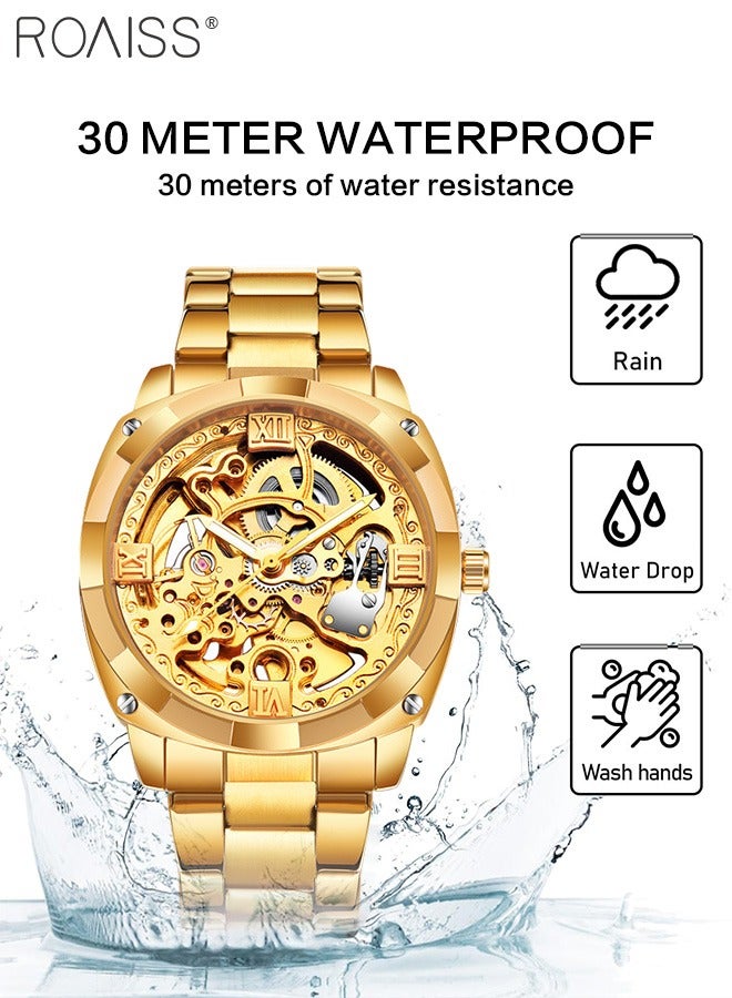 Men's Steel Band Automatic Mechanical Watch, Analog Display Hollow Round Dial, Luminous Waterproof Luxurious Wristwatch as Gift for Men