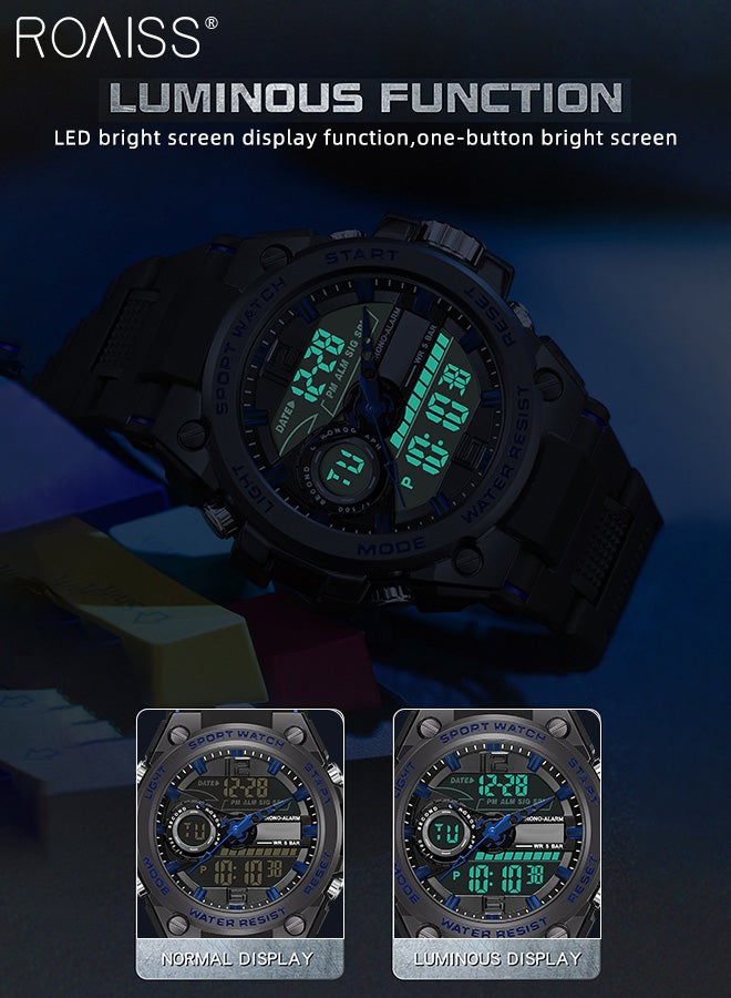 Men's Analog Digital Dual Display Sports Watch Multifunctional 50M Waterproof Luminous Rubber Strap Electronic Quartz Wristwatch with Alarm Stopwatch 12H/24H for Outdoor Activities