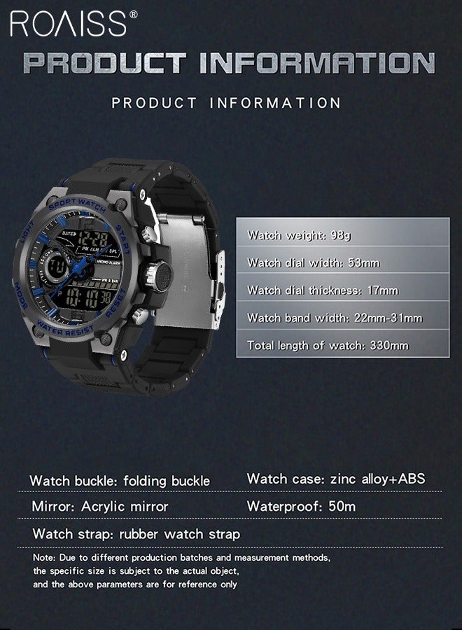 Men's Analog Digital Dual Display Sports Watch Multifunctional 50M Waterproof Luminous Rubber Strap Electronic Quartz Wristwatch with Alarm Stopwatch 12H/24H for Outdoor Activities