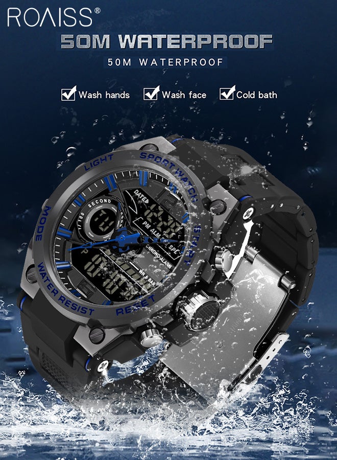 Men's Analog Digital Dual Display Sports Watch Multifunctional 50M Waterproof Luminous Rubber Strap Electronic Quartz Wristwatch with Alarm Stopwatch 12H/24H for Outdoor Activities