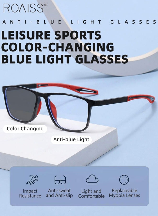 Men's Blue Light Blocking Glasses Anti UV and Glare Blue Light Filter Computer Glasses Rectangular Color Changing Anti Eyestrain Headache Sports Eyewear with Super Light TR Frame Black Red 55mm