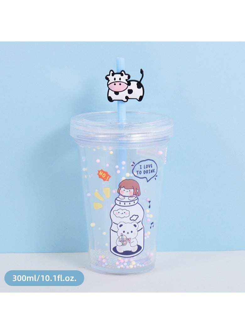 300ml/10.1fl.oz. Cow Basic Plastic Cup with Straw (Blue)