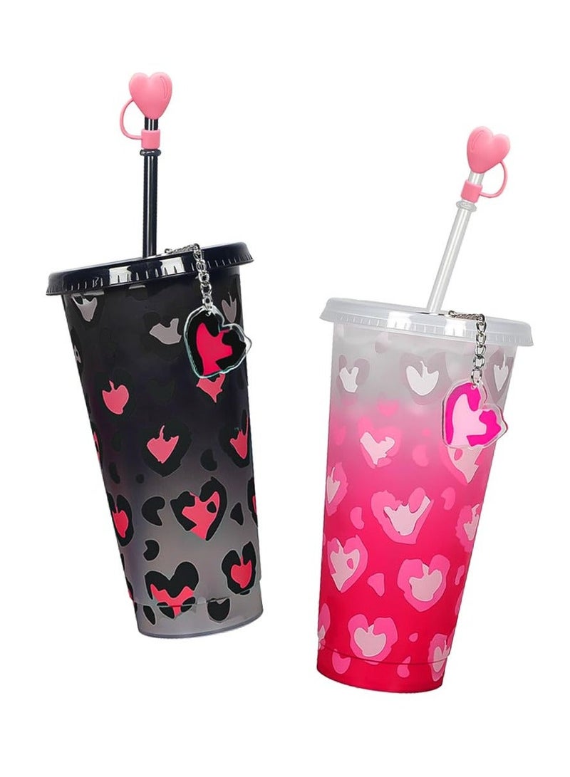 Color Changing Cups 2 Pack 24 oz Valentine's Day Color Changing Cups with Lids and Straws Plastic Cups Reusable Tumblers and Water Glasses for Birthday Gift Cute Cups for Ice Drink