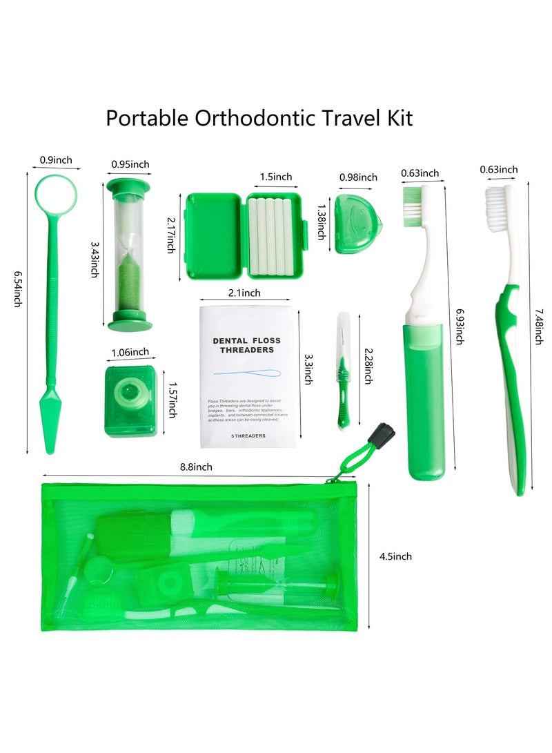 Portable Orthodontic Oral Care Kit for Braces -2 Orthodontic Care Set - Dental Braces Kit, Interdental Brush Dental Wax Dental Floss Toothbrush Cleaning Kit (Green & Red)