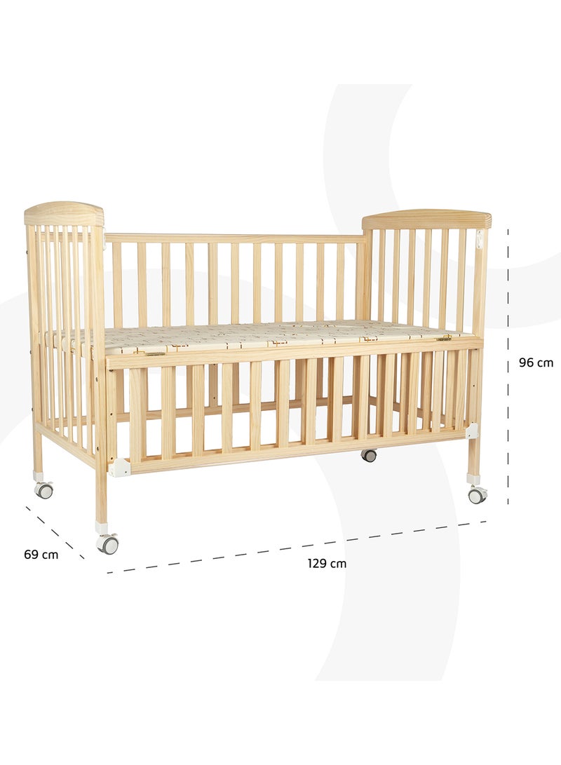 Portable, Durable, Decay Resistant, Foldable Baby Wooden Crib With 3 Adjustable Heights, 129 X 69 X 96 CM, 0 To 4 Years