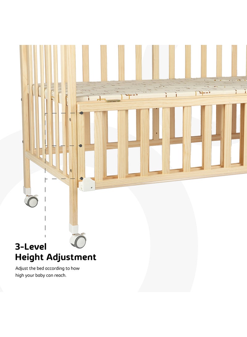 Portable, Durable, Decay Resistant, Foldable Baby Wooden Crib With 3 Adjustable Heights, 129 X 69 X 96 CM, 0 To 4 Years