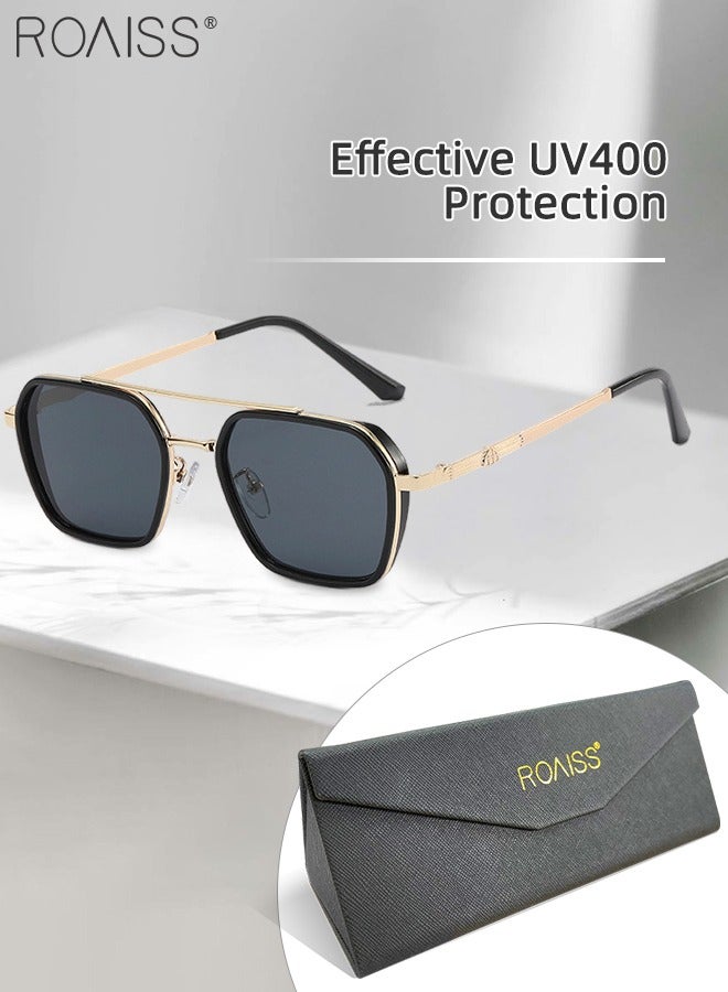 Men's Square Polarized Sunglasses, UV400 Protection Sun Glasses with Metal Frame, Fashion Anti-Glare Sun Shades for Men Driving, Fishing, Traveling, Black Gold, 56mm