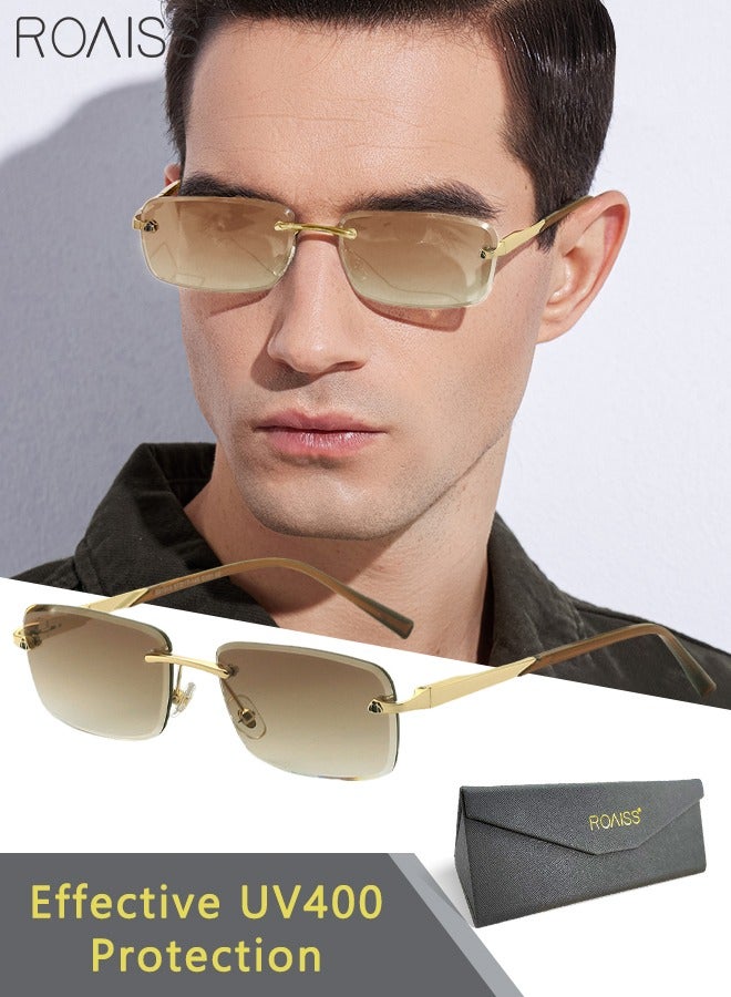 Men's Rectangular Rimless Sunglasses, UV400 Protection Sun Glasses, Fashion Anti-Glare Sun Shades for Men Driving, Fishing, Traveling, Gold, 57mm