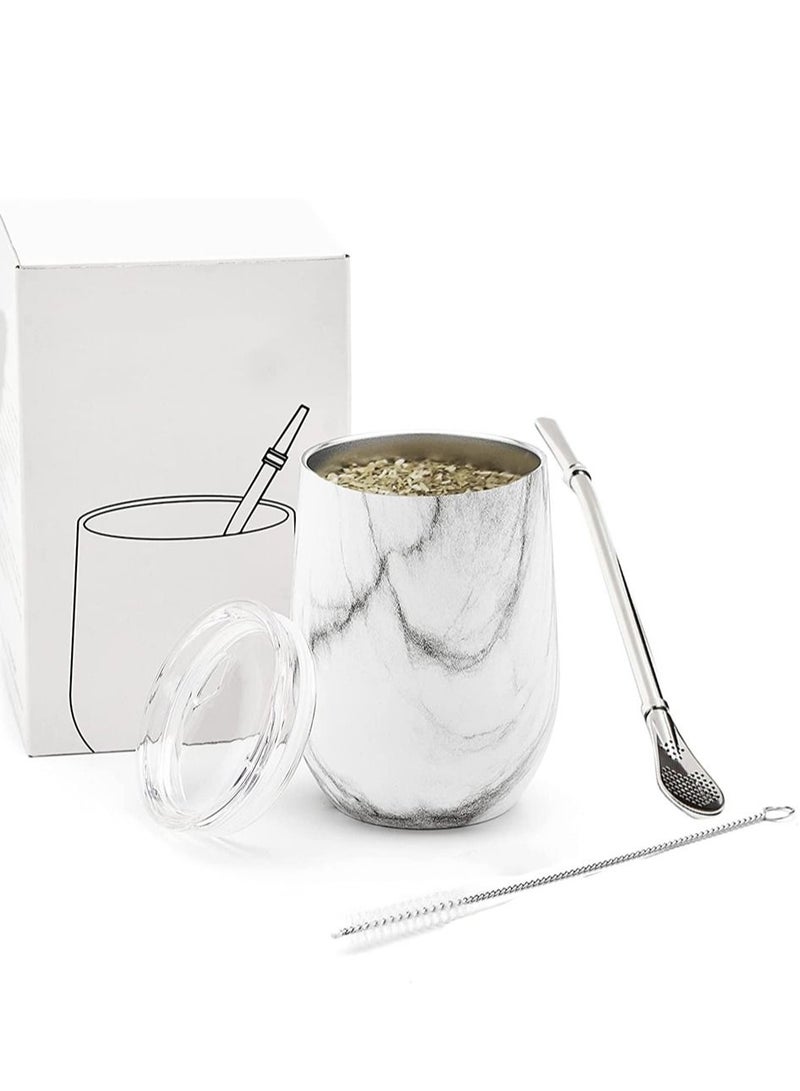 Yerba Mate Tea Cup And Bombilla Straw Set 12oz Double-wall Stainless Coffee Water Tea Cup Natural Mate Gourd Cup Kit For Yerba Mate Loose Leaf Drinking