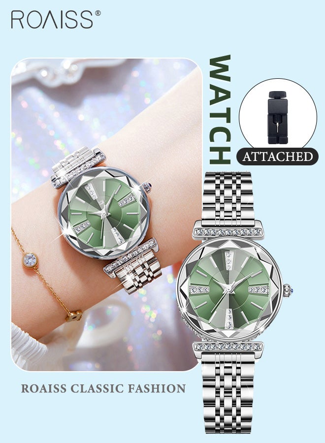 Women's Stainless Steel Strap Quartz Watch, Analog Display Round Green Dial with Rhinestones Decoration, Waterproof Luxurious Wristwatch as Gift for Ladies