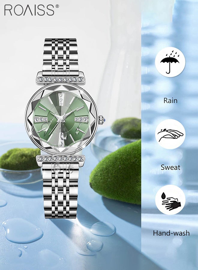 Women's Stainless Steel Strap Quartz Watch, Analog Display Round Green Dial with Rhinestones Decoration, Waterproof Luxurious Wristwatch as Gift for Ladies