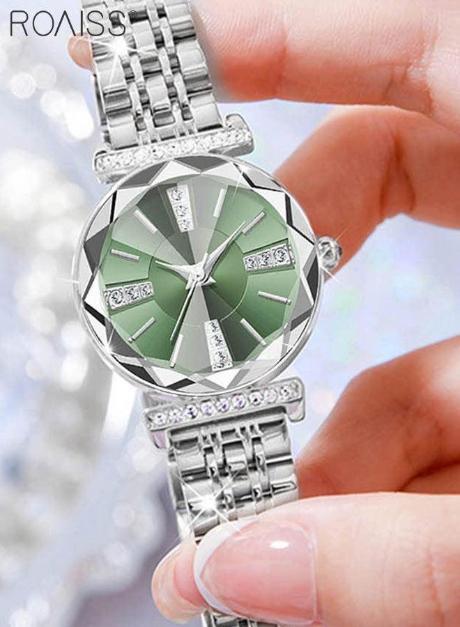 Women's Stainless Steel Strap Quartz Watch, Analog Display Round Green Dial with Rhinestones Decoration, Waterproof Luxurious Wristwatch as Gift for Ladies