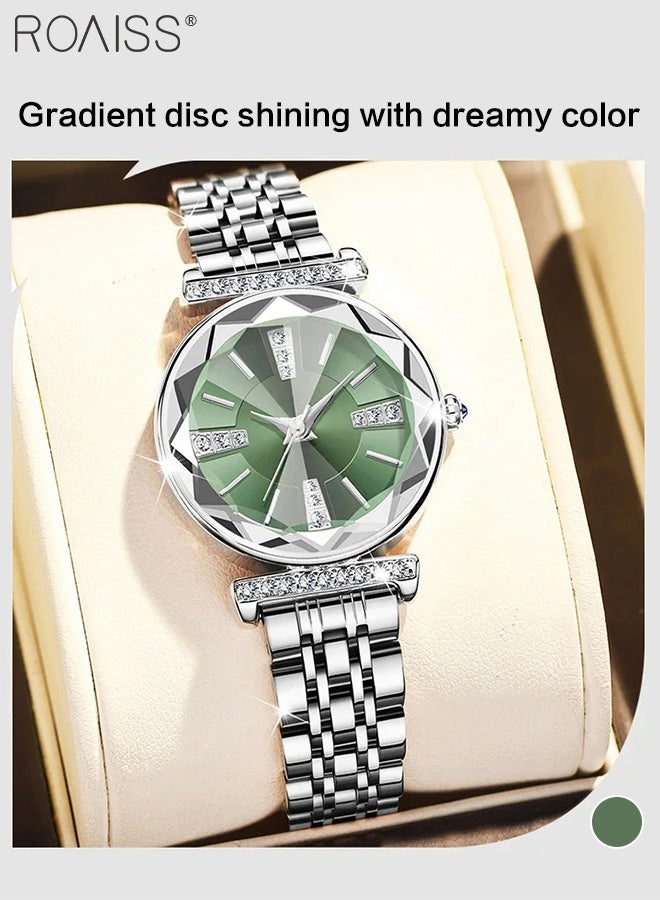 Women's Stainless Steel Strap Quartz Watch, Analog Display Round Green Dial with Rhinestones Decoration, Waterproof Luxurious Wristwatch as Gift for Ladies